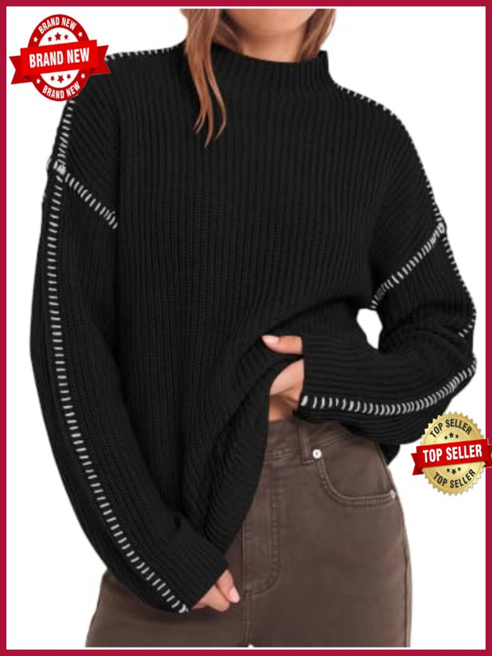 Oversized Chunky Knit Mock Neck Sweater Ladder Stitch Women Fall